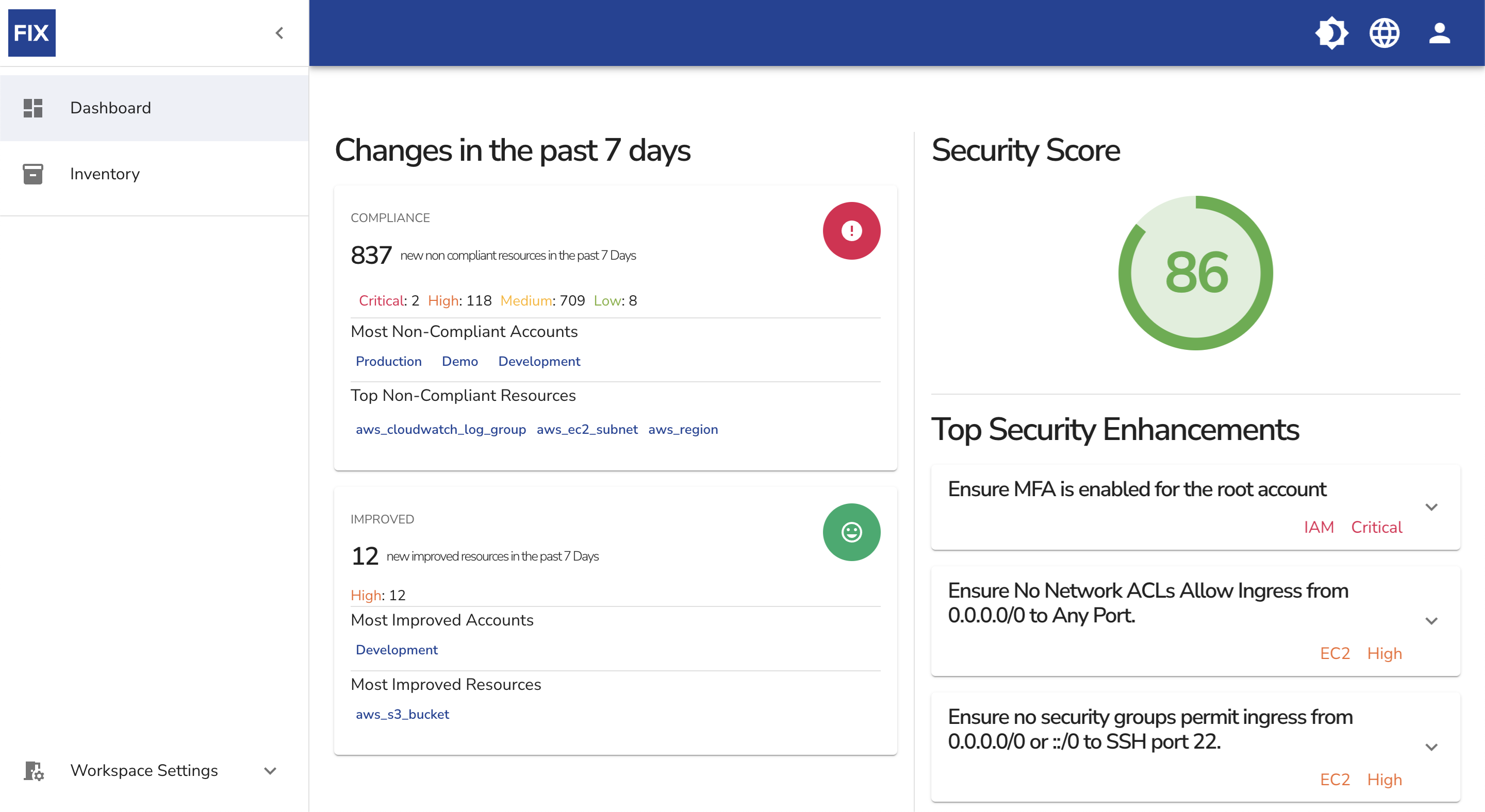 Fix dashboard displays changes detected in the last week, security score, and top 5 possible security enhancements.